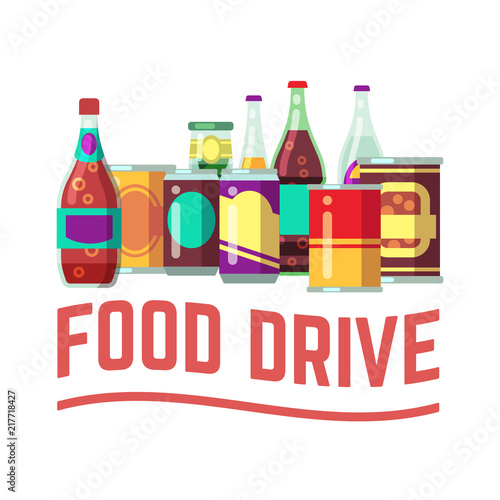 Holiday food drive concept. Canned food for christmas donation charity and homeless helping. Vector illustration