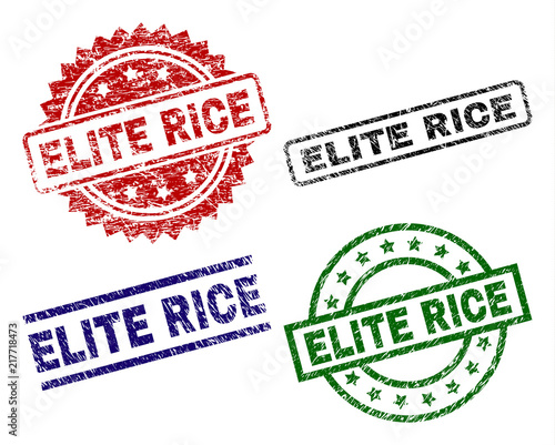 ELITE RICE seal prints with distress surface. Black, green,red,blue vector rubber prints of ELITE RICE title with retro surface. Rubber seals with circle, rectangle, medallion shapes.