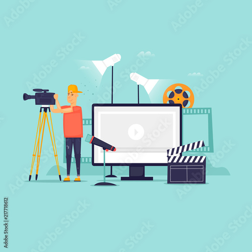 Videography, a man with a camera shoots, a blog, a studio. Flat design vector illustration.