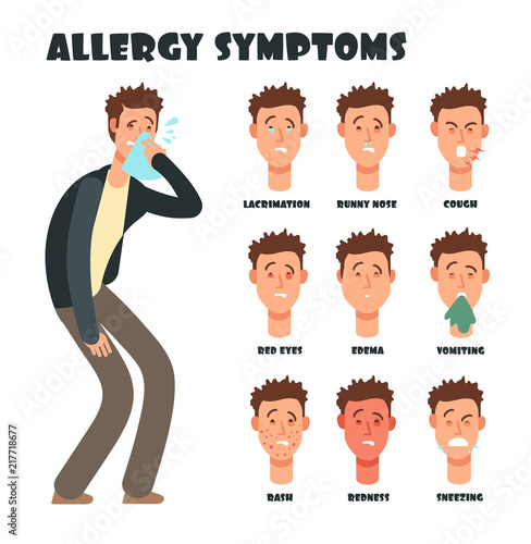 Allergy symptoms with sneezing cartoon man. Medical vector illustration