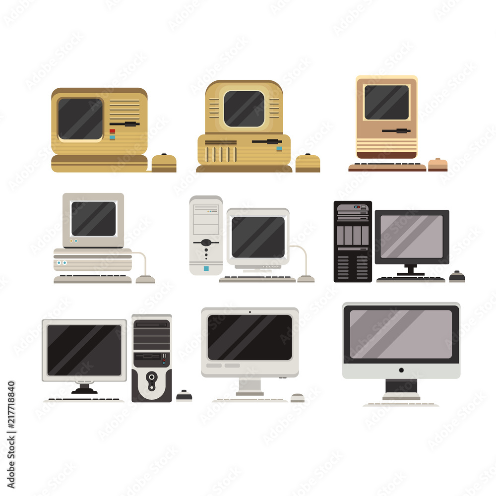 Computers set, PC evolution from obsolete to modern vector