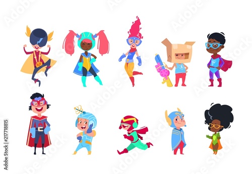 Kids superheroes. Cartoon superhero children. Boys and girls in carnival mask vector characters set