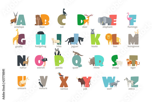 Cartoon wild animals kids alphabet for children studying english. Education vector background