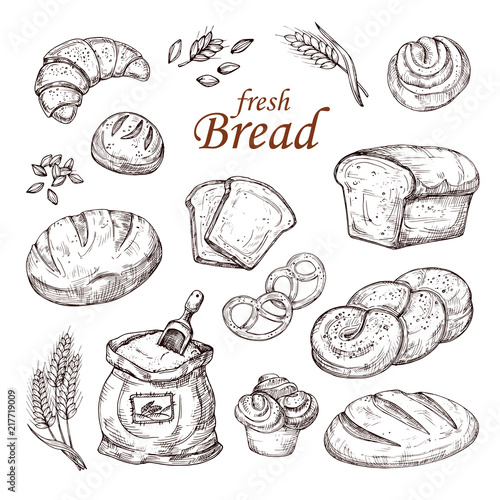 Sketch bread, hand drawn bakery products vector set isolated on white background