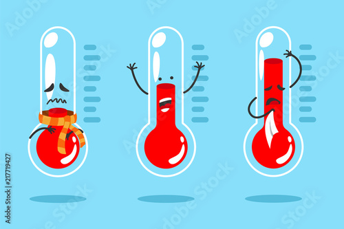 Cute cartoon thermometer with different emotions. Vector illustration set.