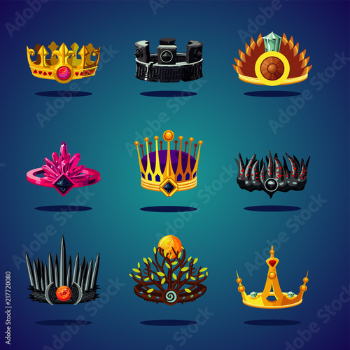 Magic crown fantasy collection. King corona. Game design cartoon vector icon.