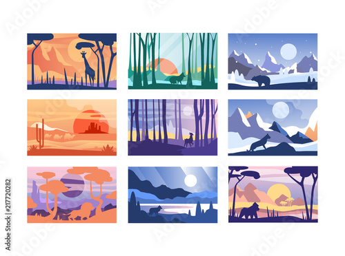 Collection of beautiful scene of nature, peaceful landscape with wild animals in different time of day, templates for banner, poster, magazine, cover horizontal vector Illustration photo