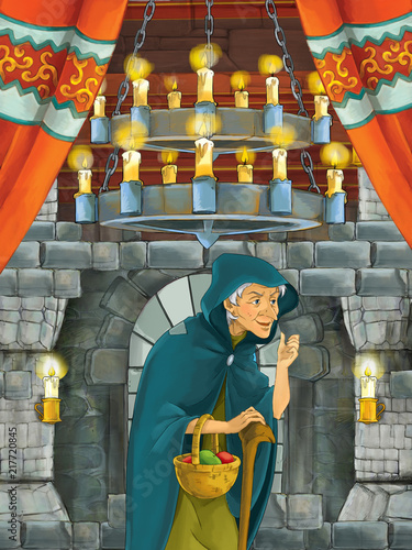 cartoon scene with older woman - sorceress - in medieval castle room - illustration for children 