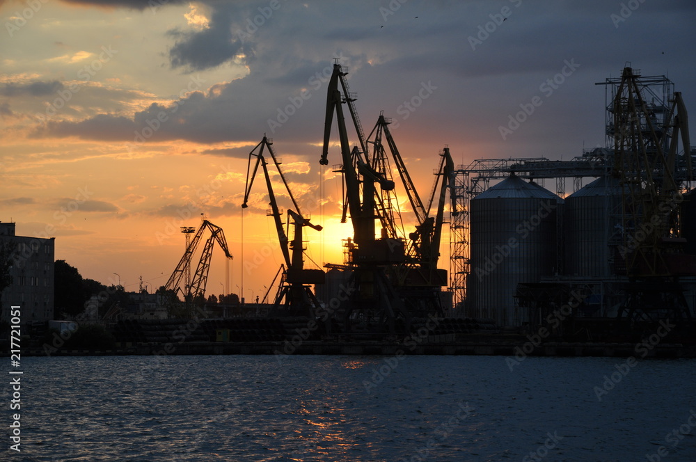 cargo port at sunset