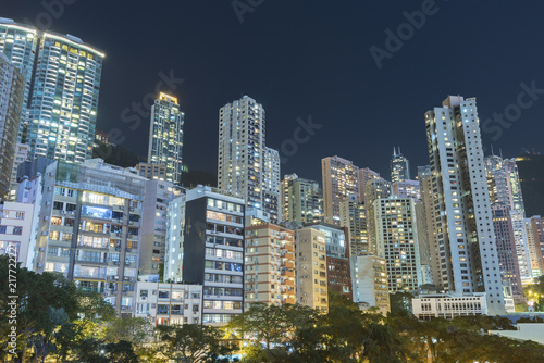 high rise residential building in Hong Kong city at night