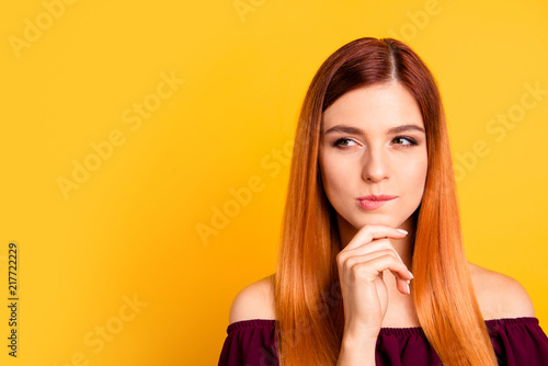 Portrait of red straight-haired attractive cute nice curious you photo