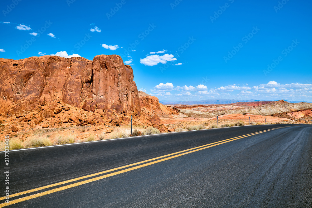 Scenic road with unique rock formations, travel concept, Nevada, USA. Scenic road with unique rock formations, travel concept, Nevada, USA.