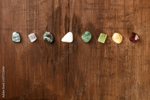 An overhead photo of gemstones, healing stones with copy space