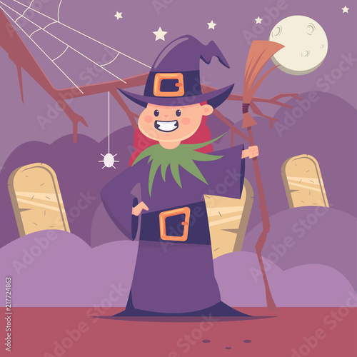 Halloween kids costume of cute witch with a broom on the background of the graveyard and the moon. Vector cartoon flat character of girl for holiday and party.
