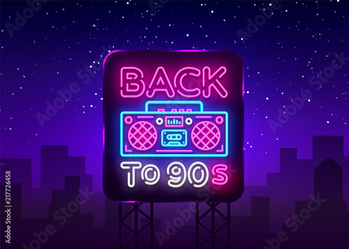 Back to 90s neon poster, card or invitation, design template. Retro tape recorder neon sign, light banner. Back to the 90s. Vector illustration in trendy 80s-90s neon style. Billboard