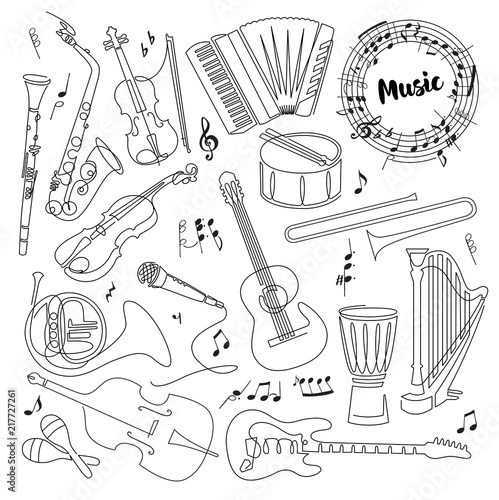 Continuous line drawing of Musical instruments linear icons set. Orchestra equipment