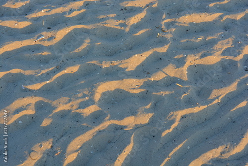 Yellow sand of the black sea at sunset with a blue shadow and golden color, very ordinary background