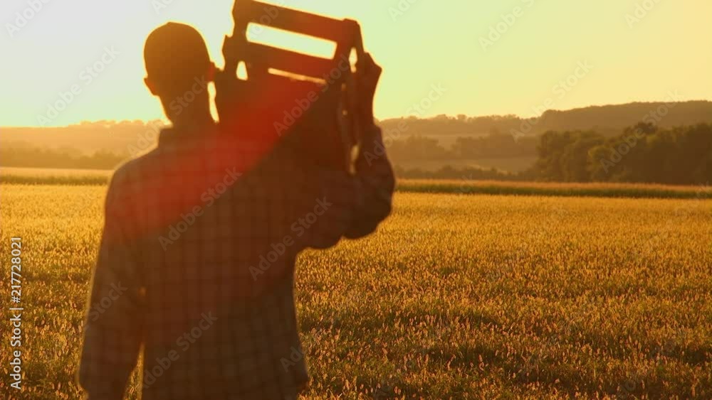 farmer with a shovel and box walking on the field. They carry equipment ...