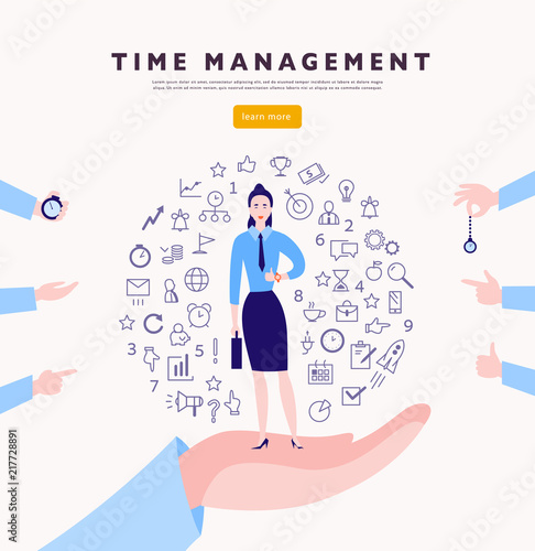 Time management. Vector flat minimalistic concept with businesslady stand, isolated planning organizing icons & human hands. Line art. Business illustration. Web banner, consulting, coaching projects.