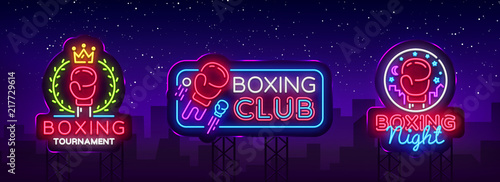Collection Boxing neon signs. Design vector template. Boxing Tournament Night Logo, Bright Neon Signboard, Design Element for Sports, Fight Night Neon, Bright Night Advertising. Vector Billboards