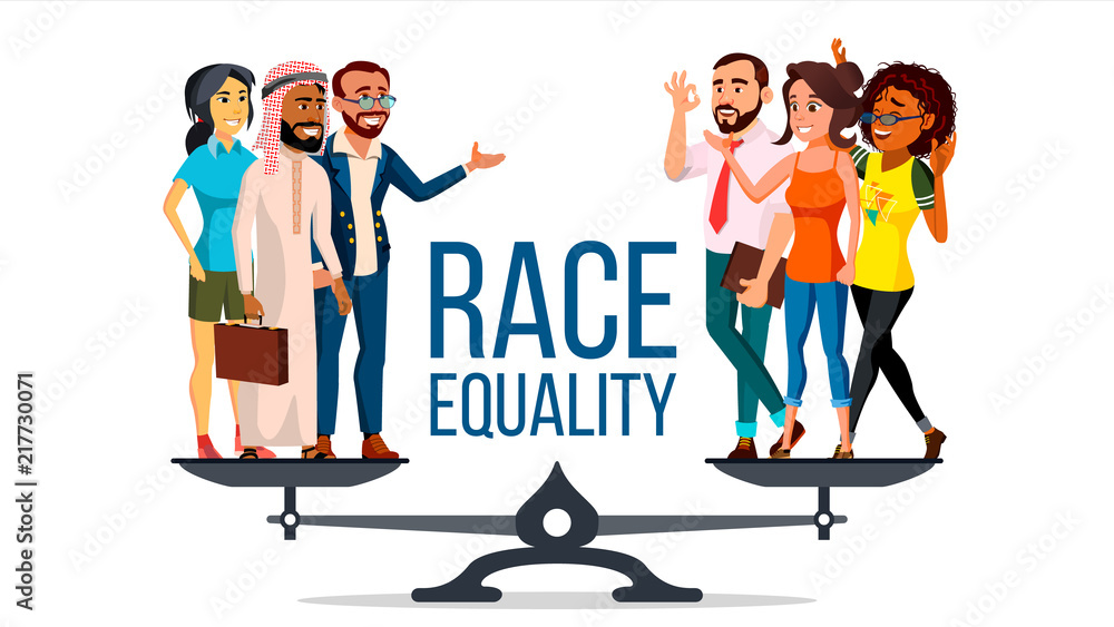 Race Equality Vector. Standing On Scales. Equal Opportunity, Rights.  Diversity Tolerance Concept. Piece. Isolated Flat Cartoon Illustration  Stock Vector | Adobe Stock