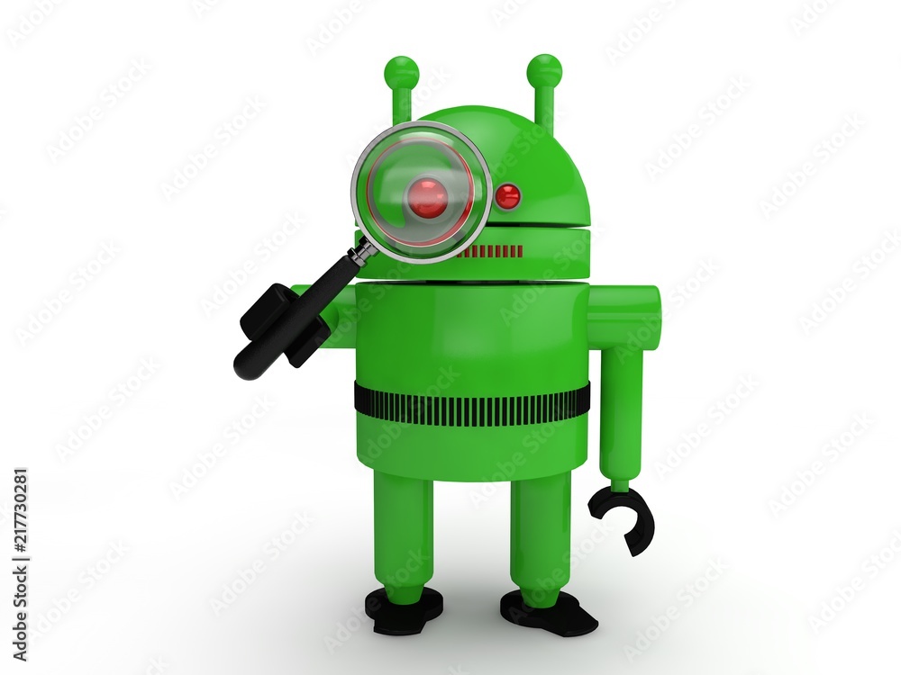 the image of a green humanoid robot, symbol of the Android system, looking through a magnifying glass. the idea of the search. one on a white background. 3D rendering. the image of a green humanoid robot, symbol of the Android system, looking through a magnifying glass. the idea of the search. one on a white background. 3D rendering.