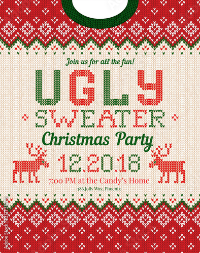 Ugly sweater Christmas party invite. Knitted background pattern scandinavian ornaments.