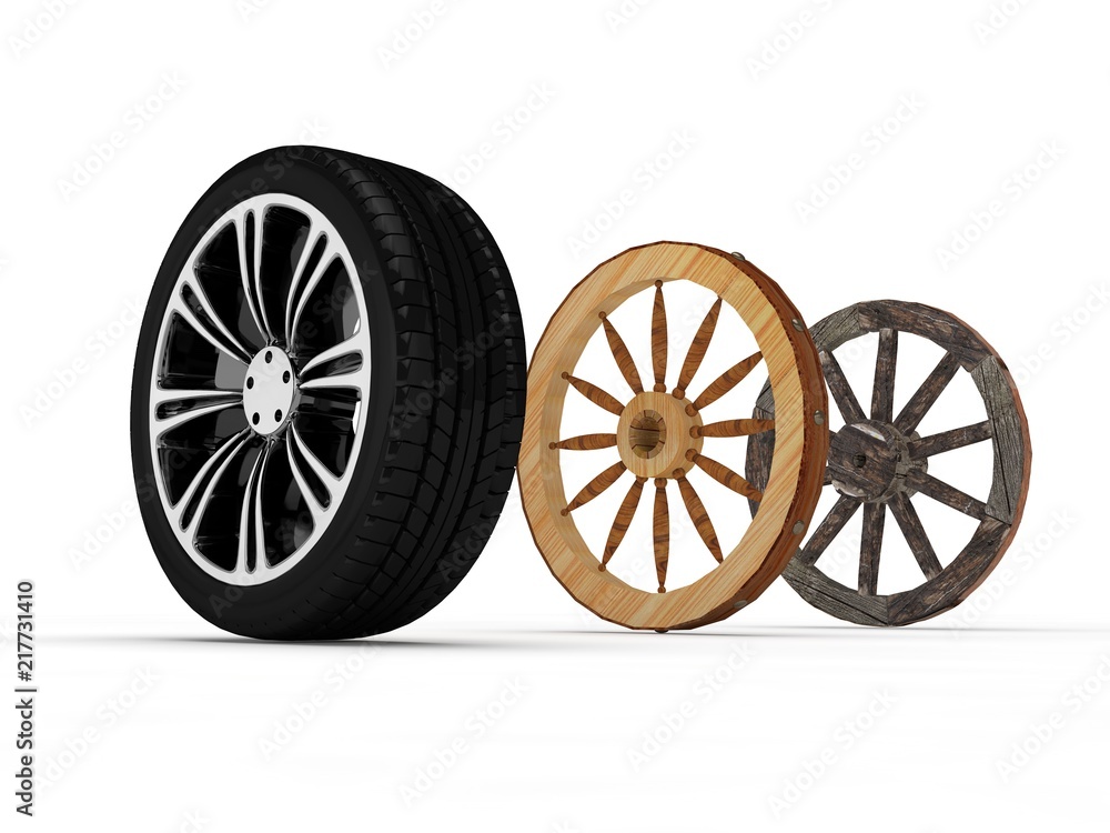 the image of an old wooden wheel and a modern car, the idea of development and improvement. 3D rendering on white background. the image of an old wooden wheel and a modern car, the idea of development and improvement. 3D rendering on white background.