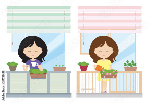 Two women stand on a balcony and drink coffee or water flowers in a flower pot for relaxation. Window blinds