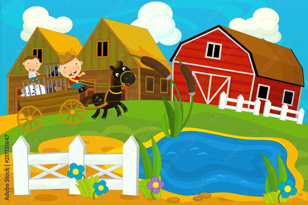 Fototapeta premium cartoon farm scene with father and son - kid - working together - illustration for children