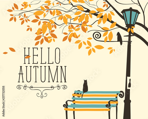 Vector banner in retro style on the fall theme with the inscription Hello autumn. Autumn landscape with tree branches, a lonely cat on the bench and crow on the lamp post