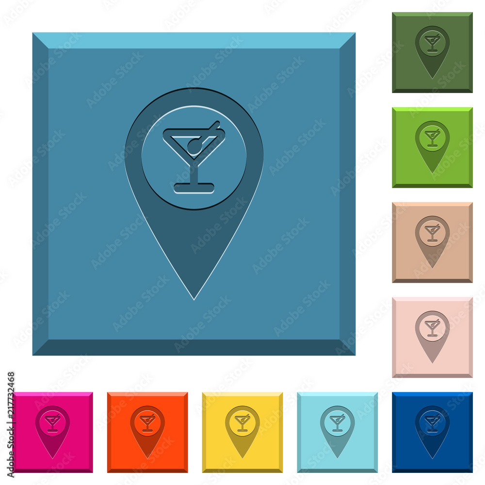 Cocktail bar GPS map location engraved icons on edged square buttons Cocktail bar GPS map location engraved icons on edged square buttons