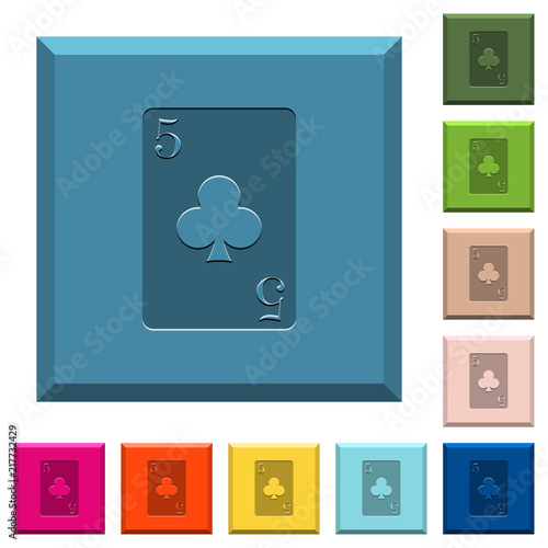 five of clubs card engraved icons on edged square buttons