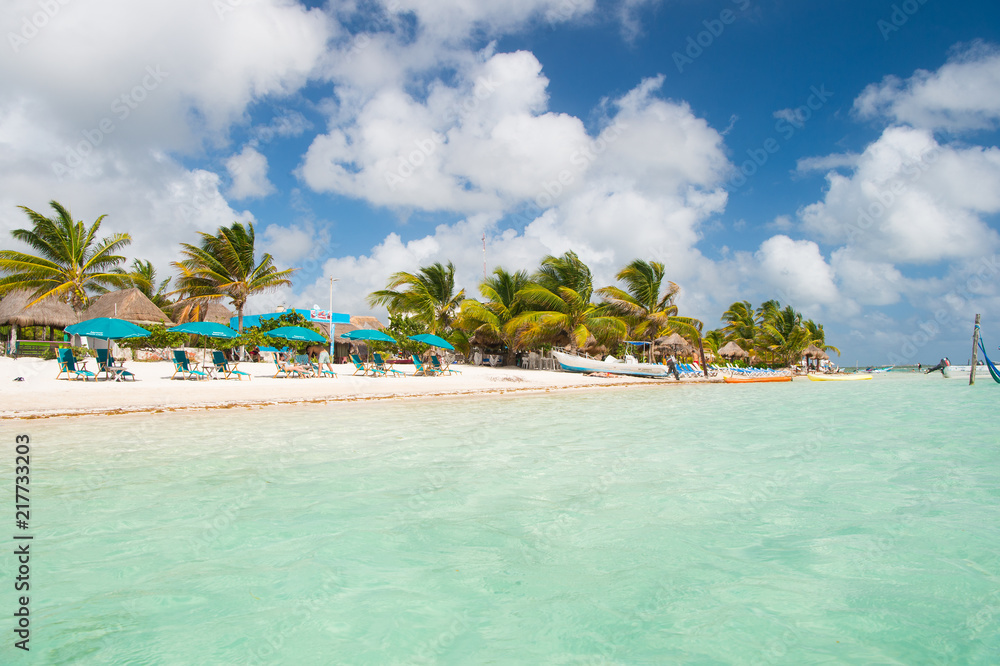 Obraz premium sea beach. Blue water, white sand and palms on tropical sea beach. Summer vacation on Caribbean sea beach. Sea beach relax. Adventure is out there