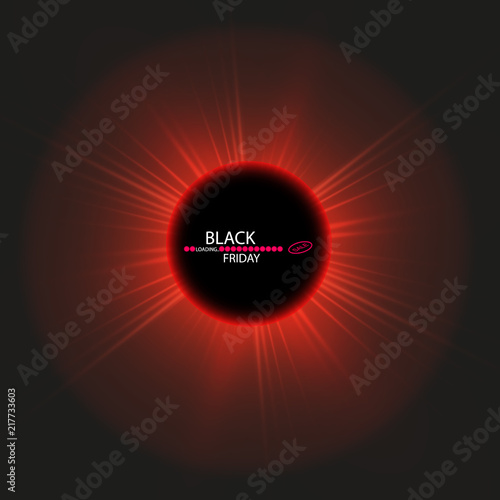 Black Friday sale and sun poster or banner. Glowing colorful circle with red light effect on black abstract background. Design template for shopping