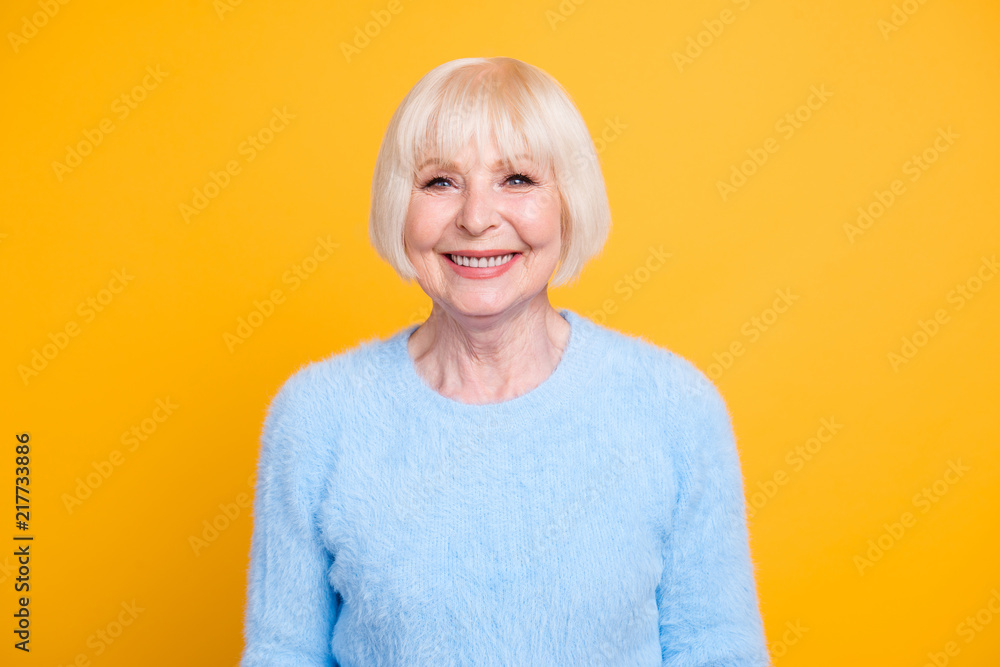 Beautiful and happy blond hair grandma looking at camera isolate - obrazy, fototapety, plakaty 