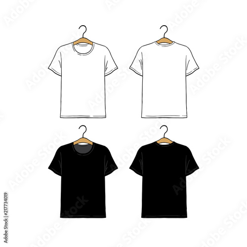 Set of blank hanging t-shirt design template hand drawn vector illustration. Front and back sides. White and black male shirt on white background. 