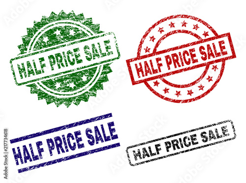 HALF PRICE SALE seal prints with distress surface. Black, green,red,blue vector rubber prints of HALF PRICE SALE caption with corroded style. Rubber seals with round, rectangle, rosette shapes.