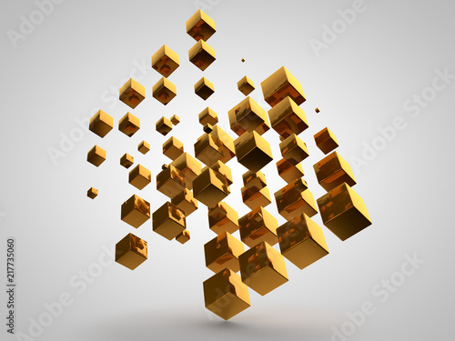 Fotografie Array of gold bullion cubic shapes of different sizes, 3d rendering