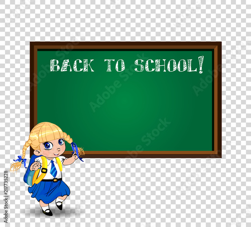kawaii school girl near blackboard with chalk inscription back to school