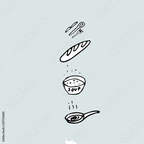 soup, bread and frying pan with fried eggs