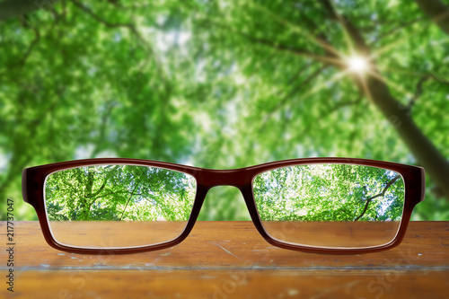 Brille auf einem Holztisch mit Wald im Hintergrund
