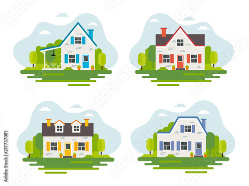 Set of 4 сute houses in flat style, vector illustration, real estate, housing, renting, investment, property management concept illustration.