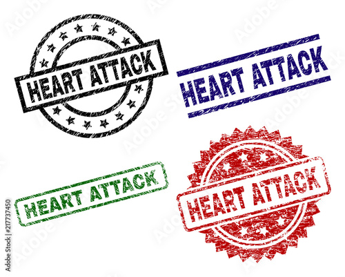 HEART ATTACK seal prints with corroded texture. Black, green,red,blue vector rubber prints of HEART ATTACK label with corroded style. Rubber seals with circle, rectangle, medal shapes.