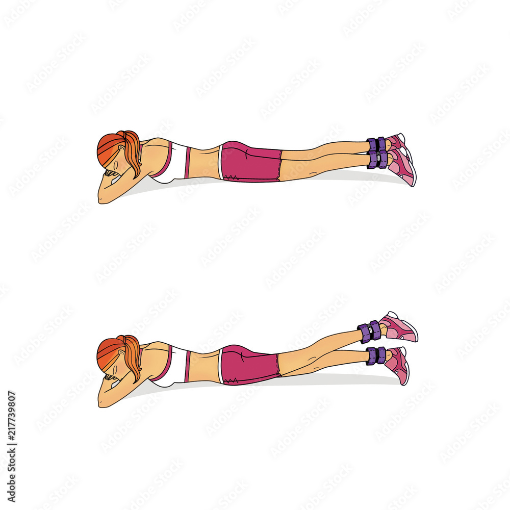 Training with weightlifters on the legs. The girl performs exercises swings, lifts and bringing the legs from a prone position with the weighting. Isolated on white background. Digital illustration. Training with weightlifters on the legs. The girl performs exercises swings, lifts and bringing the legs from a prone position with the weighting. Isolated on white background. Digital illustration.