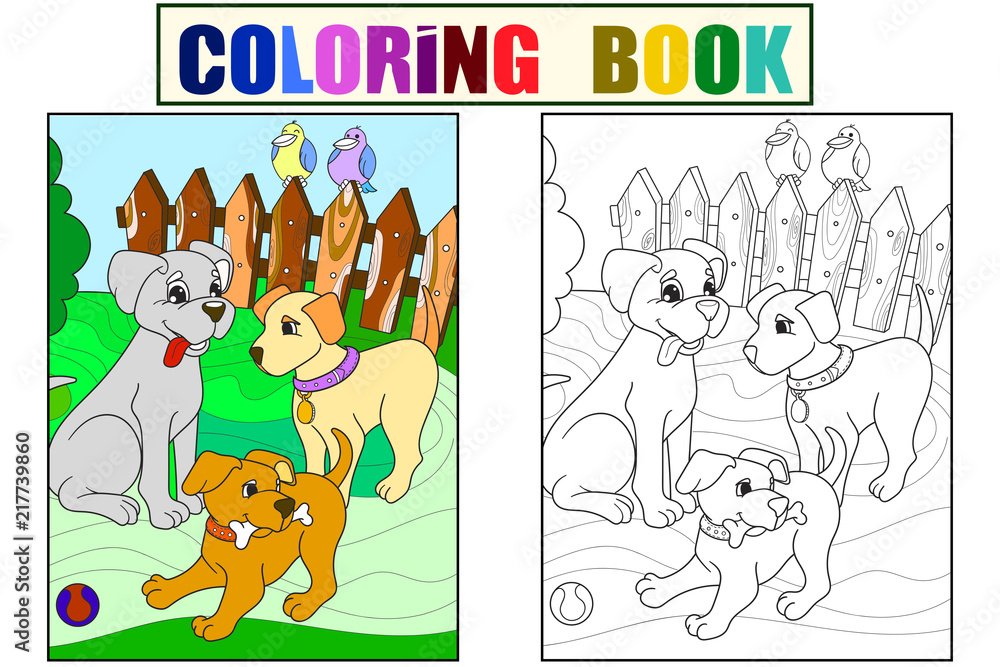 Fototapeta premium Childrens color and coloring book cartoon family on nature. Mom dog and puppies children