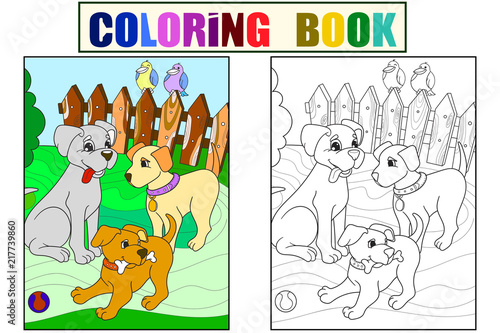 Childrens color and coloring book cartoon family on nature. Mom dog and puppies children