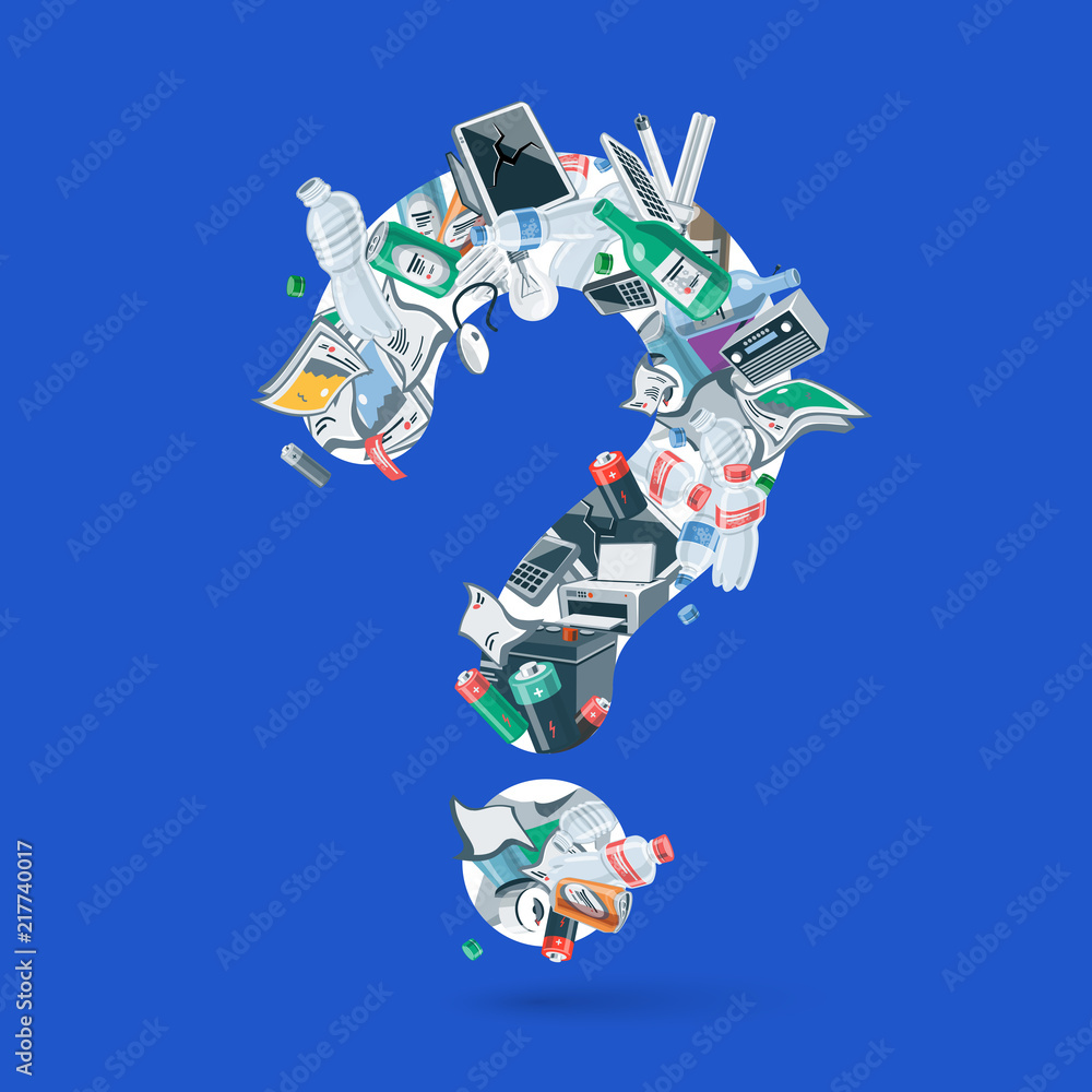 Waste creating question figure. Illustration of trash like, paper, plastic,  glass, metal, e-waste, batteries, light bulbs and mixed garbage forming a  question mark. Vector concept in cartoon style. Stock Vector | Adobe