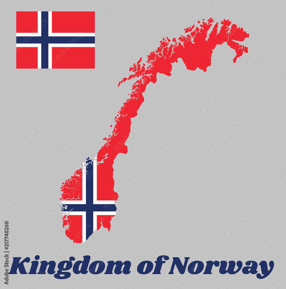 Map outline and flag of Norway, a white-fimbriated blue Nordic cross on a  red field, with name text Kingdom of Norway. Stock Vector | Adobe Stock
