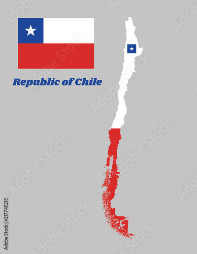 Map outline of and flag Chile, a horizontal bicolor of white and red with the blue square on the upper corner  and the white star in the center, text name Republic of Chile.